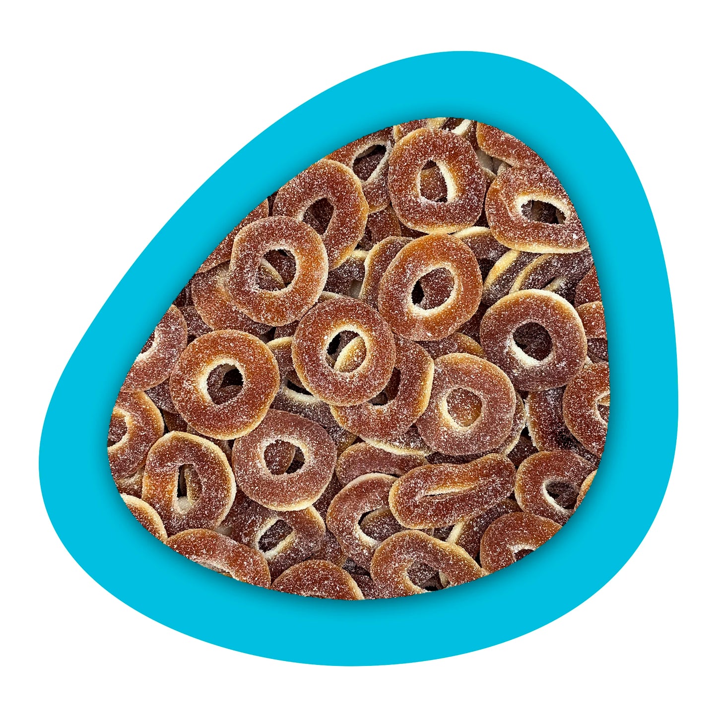 Bonbons en anneaux goût cola acidulés en vrac.