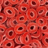 Dulceplus Anneaux Fraises Acides, bonbons gélifiés rouges au goût de fraise acidulé, enrobés de sucre.