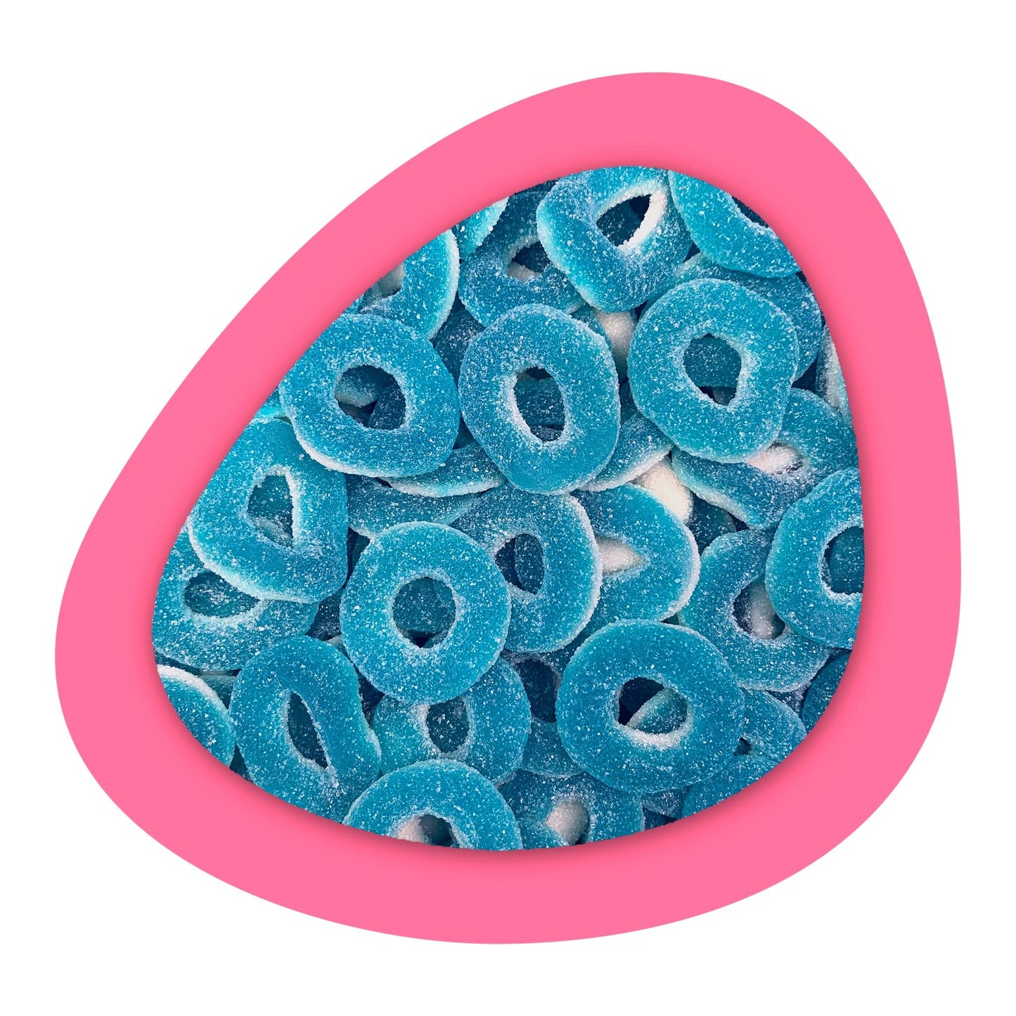 Bonbons Dulceplus Anneaux Framboise Bleue Acides en vrac, texture gélifiée et goût fruité.