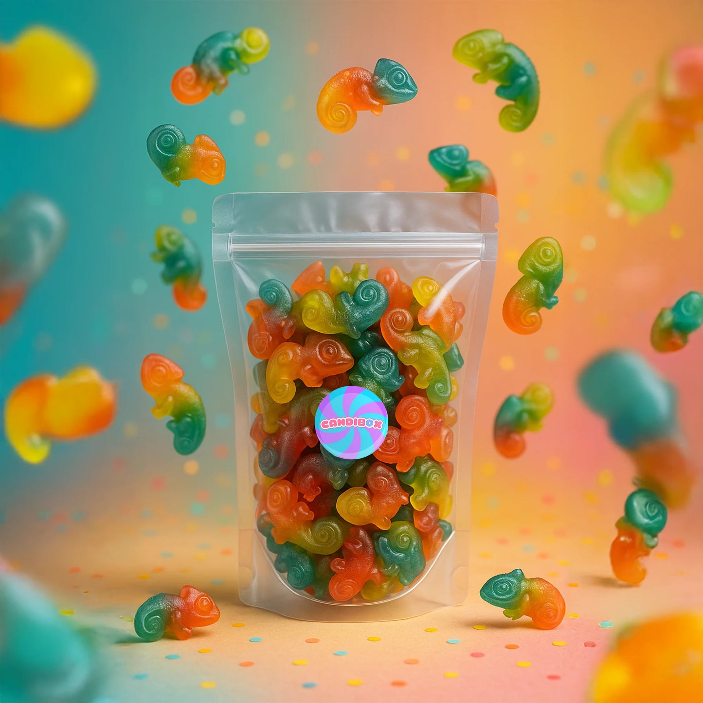 Visuel généré par intelligence artificielle d'un mix de bonbons haribo