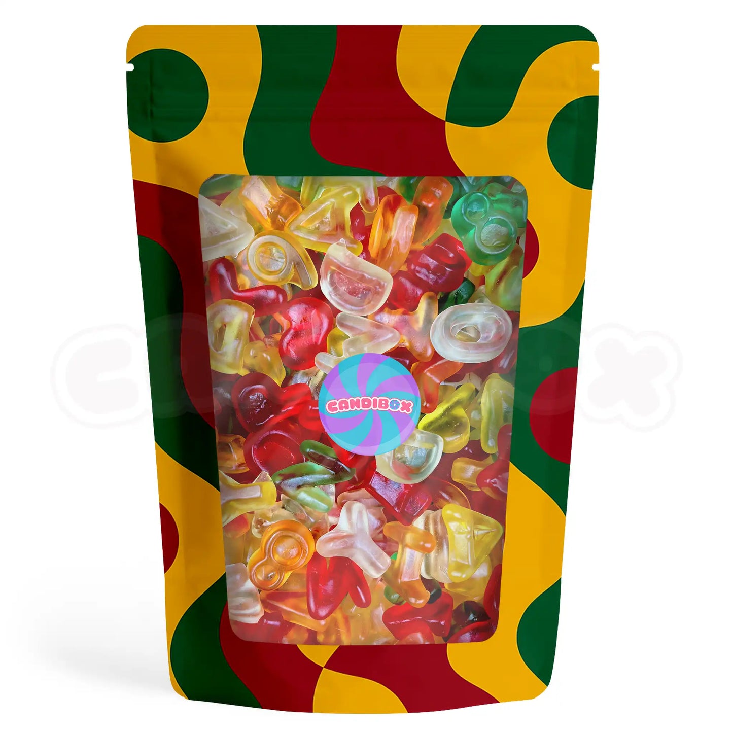 Texture brillante et moelleuse des lettres Haribo en vrac