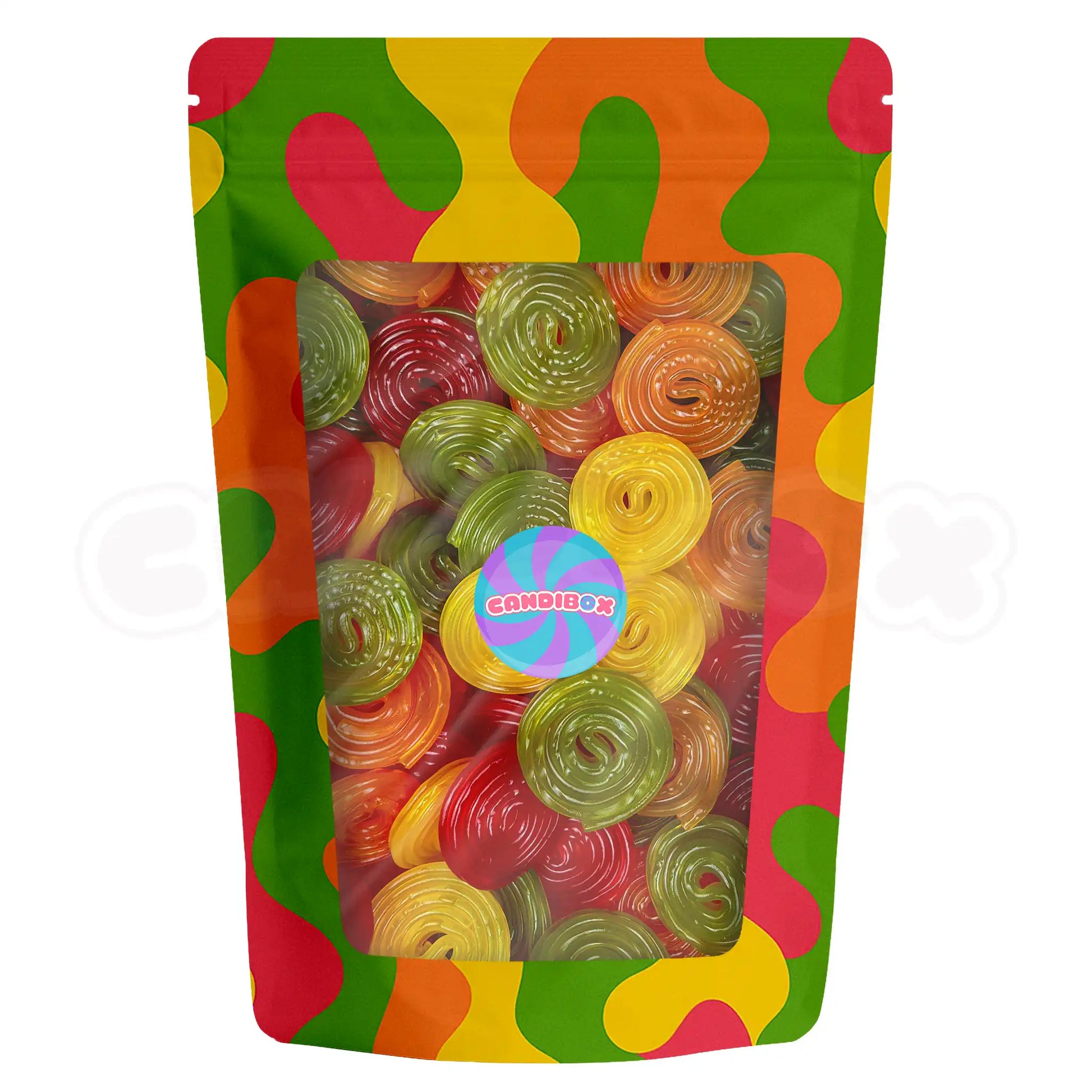 Spirales de bonbons fruits Haribo rouges, verts, jaunes et oranges