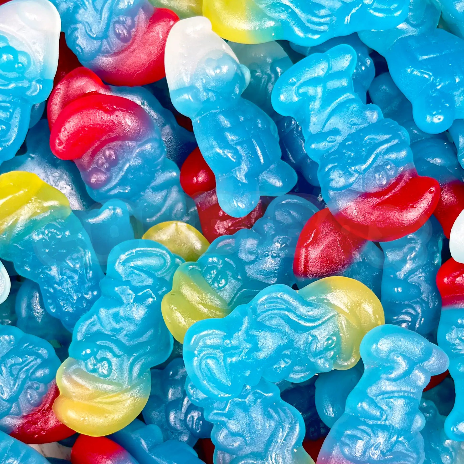 Gros plan sur des Schtroumpfs Haribo belges à la texture ferme