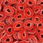 Dulceplus Anneaux Fraises Acides, bonbons gélifiés rouges au goût de fraise acidulé, enrobés de sucre.