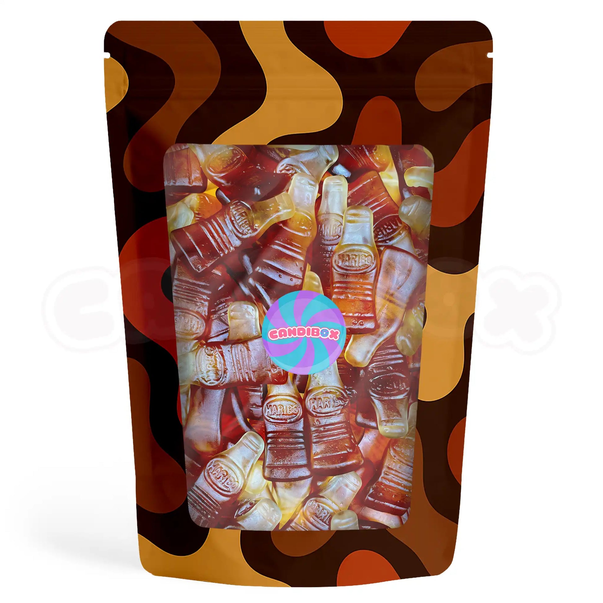 Bonbons bouteille Haribo XL cola lisses sur fond blanc