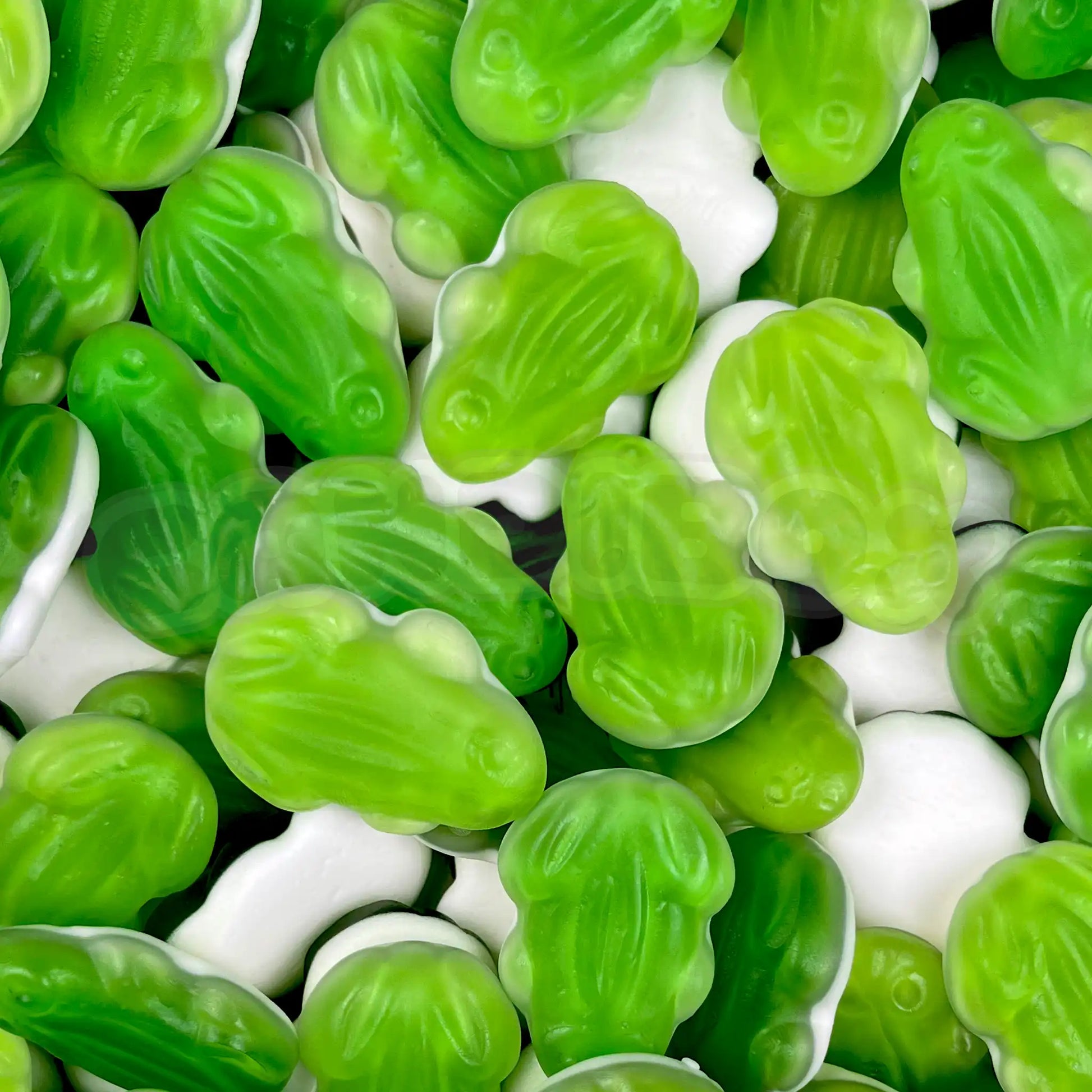 Zoom sur bonbons Haribo en forme de grenouille bicolore